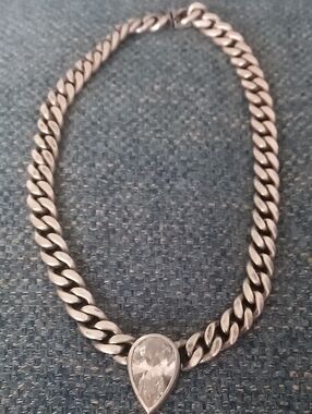 Vintage Silver Curb Chain Necklace with Clear Teardrop Crystal Grams 100.7
